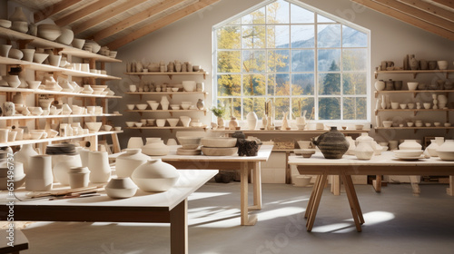 Scandinavian Ceramics Studio A dedicated workspace tailored for pottery and ceramics enthusiasts, complete with pottery wheels, kilns, and an array of artisanal pottery