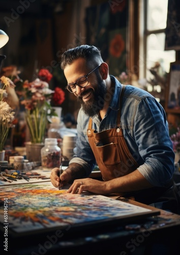 A male artist smiles joyfully and paints a picture with oil or acrylic paints in his home studio.