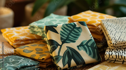 Reusable beeswax wraps in colorful patterns photo
