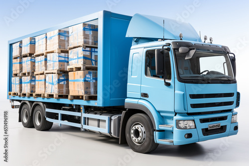 A large truck loaded with cargo shipments. White isolated