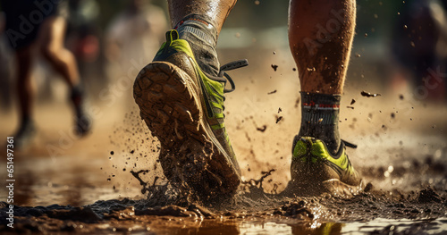 Mud covered shoes of an adventure racer crossing the finish line