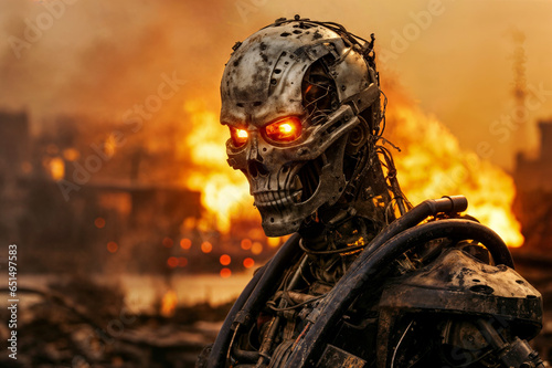 Post apocalyptic robot with glowing red eyes standing in front of a fire
