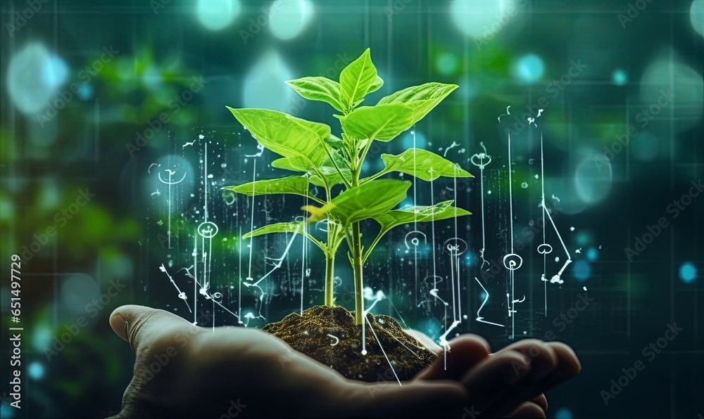 Agricultural technologies for growing plants and scientific research in the field of biology and chemistry of nature. Living green sprout in the hands, Generative AI  - obrazy, fototapety, plakaty 