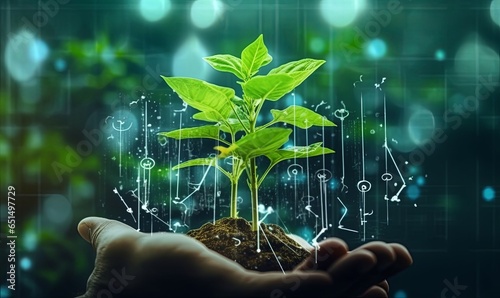Agricultural technologies for growing plants and scientific research in the field of biology and chemistry of nature. Living green sprout in the hands, Generative AI 