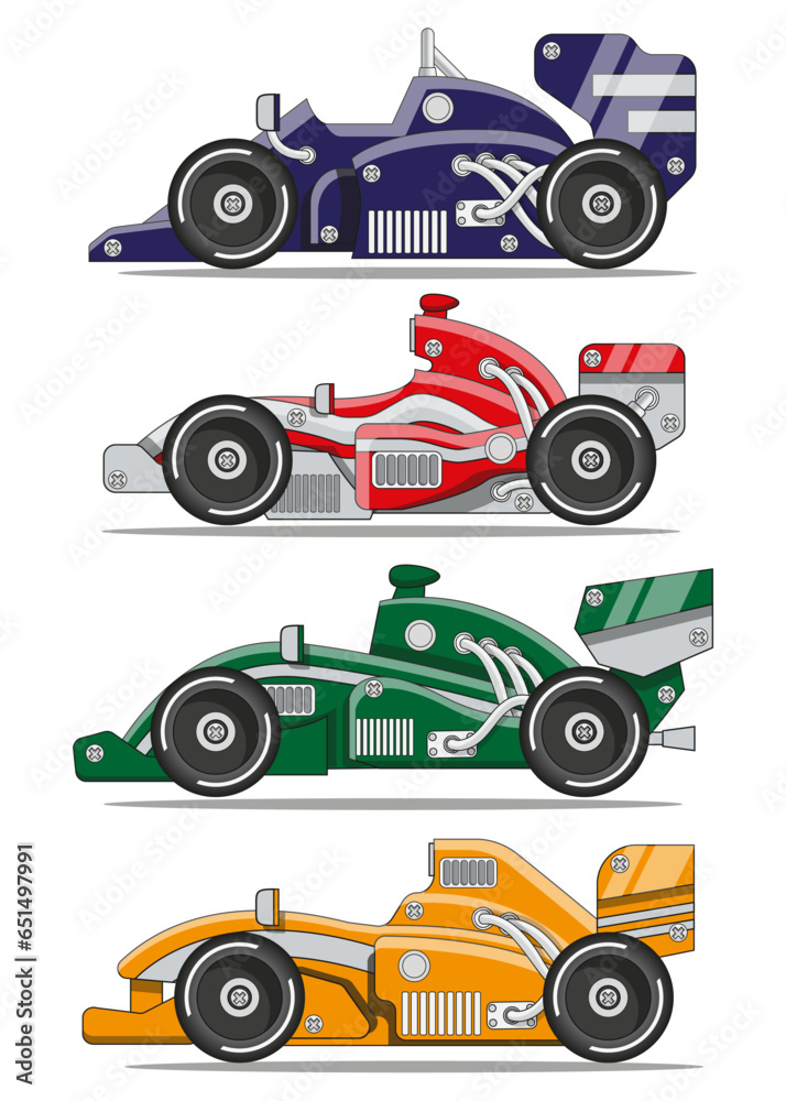 Set of different racing cars. Side view. Collection. Isolated on white background. Vector illustration. Set of different racing cars. Side view. Collection. Isolated on white background. Vector illustration.
