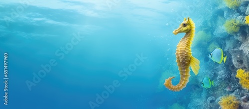Yellow seahorse with a large stomach swims in the ocean isolated pastel background Copy space