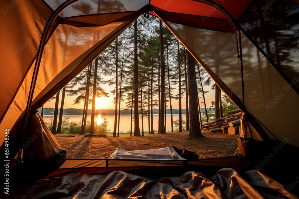Fototapeta premium view landscape from in tent of camping under the forest with beautiful sunlight in the morning.