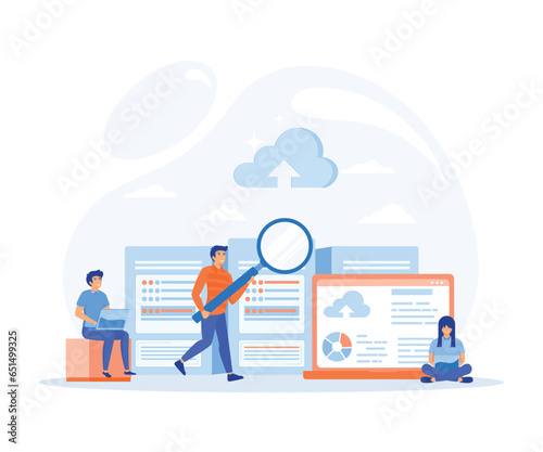 business technology cloud computing service concept, data center storage server connect on cloud with administrator and developer, flat vector modern illustration
