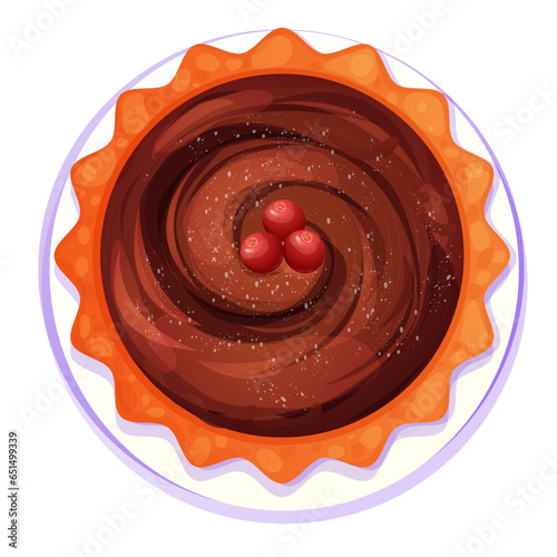 Christmas cupcake chocolate decorated cranberry top view on holiday plate with stars in cartoon style isolated on white background