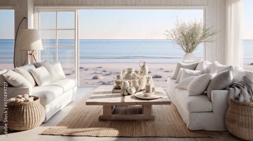 Scandinavian Coastal Retreat A serene space with a coastal touch, featuring light wood furniture, seashell decor, and ocean-inspired hues