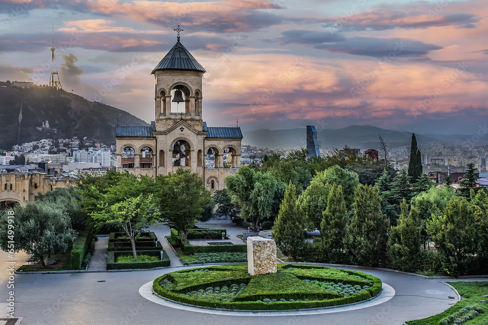 Holy Trinity Cathedral of Tbilisi, (known as Sameba Cathedral) on Elia Hill. Bell tower, which stands at a height of 73 meters and has nine bells. Tbilisi, Georgia. Holy Trinity Cathedral of Tbilisi, (known as Sameba Cathedral) on Elia Hill. Bell tower, which stands at a height of 73 meters and has nine bells. Tbilisi, Georgia.