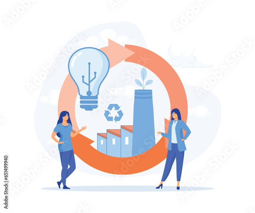 Circular economy and energy production, people holding cycle sign with power factory, manufacturing circulation process in industry, flat vector modern illustration
