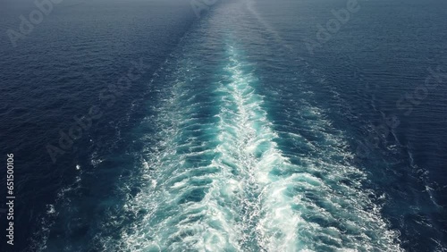 The wake left by a cruise ship as seen from the upper deck, in the Mediterranean