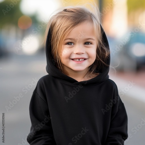 cute smiling little girl wearing a blank black hoodie