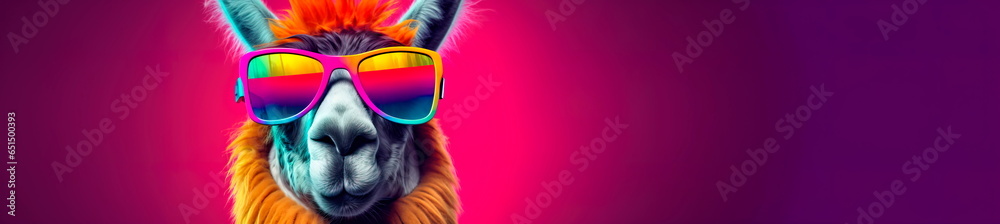 charismatic llama wearing oversized, vibrant sunglasses and striking a pose against a rainbow-colored backdrop . Generative AI