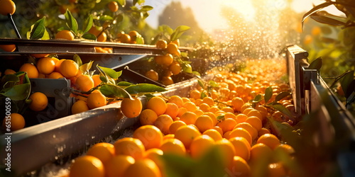 harvester machine's conveyor belts efficiently collecting ripe, sun-kissed oranges from citrus tree branches . Generative AI