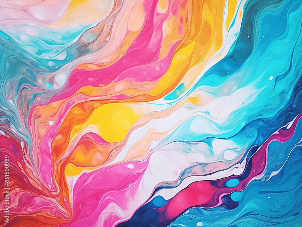 Abstract marbled acrylic paint, painted waves painting texture, colorful banner background - bold colors, rainbow wave swirls. AI Generation