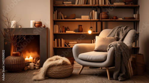 Scandinavian Cozy Book Nook A reading nook filled with bookshelves, cozy reading chairs, and warm lighting for book lovers 