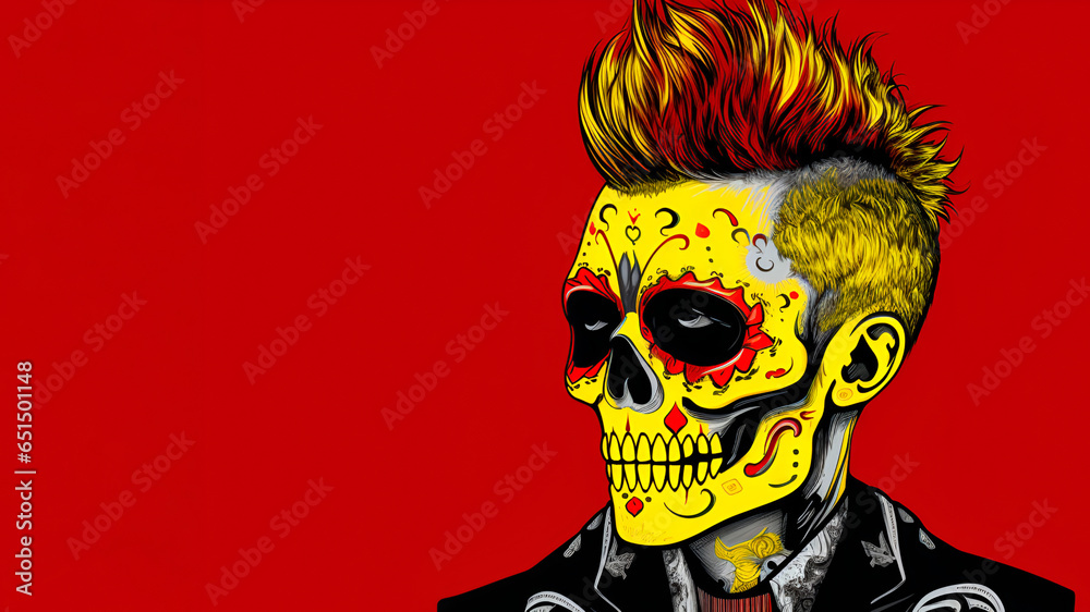 Illustration of a painted sugar skull on a red background, Halloween, Day of the Dead