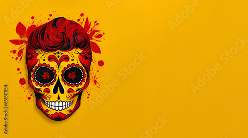 Illustration of a painted sugar skull on a yellow background, Halloween, Day of the Dead