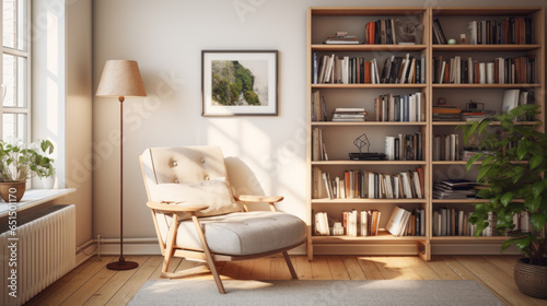 Scandinavian Cozy Reading Nook A dedicated reading nook filled with bookshelves, comfortable reading chairs, and warm lighting for book enthusiasts  photo