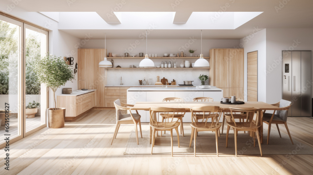  Scandinavian Culinary Haven A kitchen and dining area integrated into the living space, with a modern kitchen island, dining table, and Scandinavian design accents
