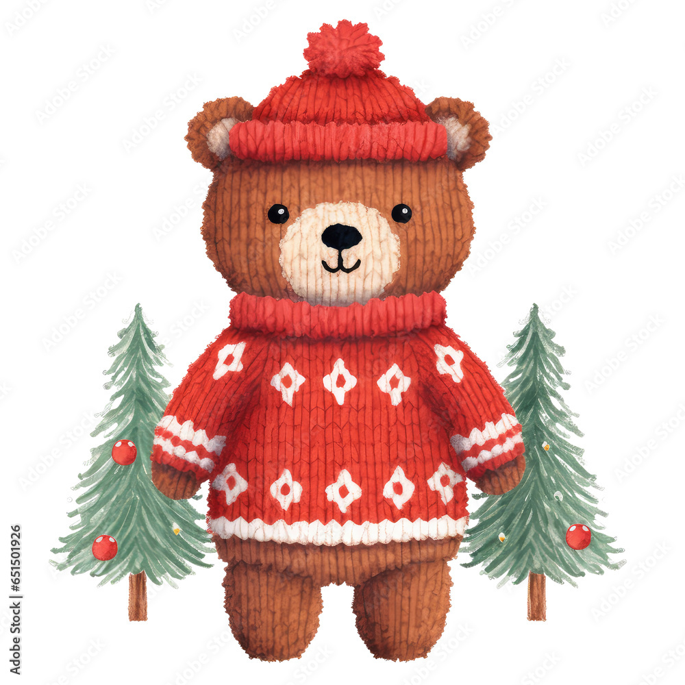 Christmas cute red teddy bear knitting and christmas tree clipart Christmas cute red teddy bear knitting and christmas tree clipart