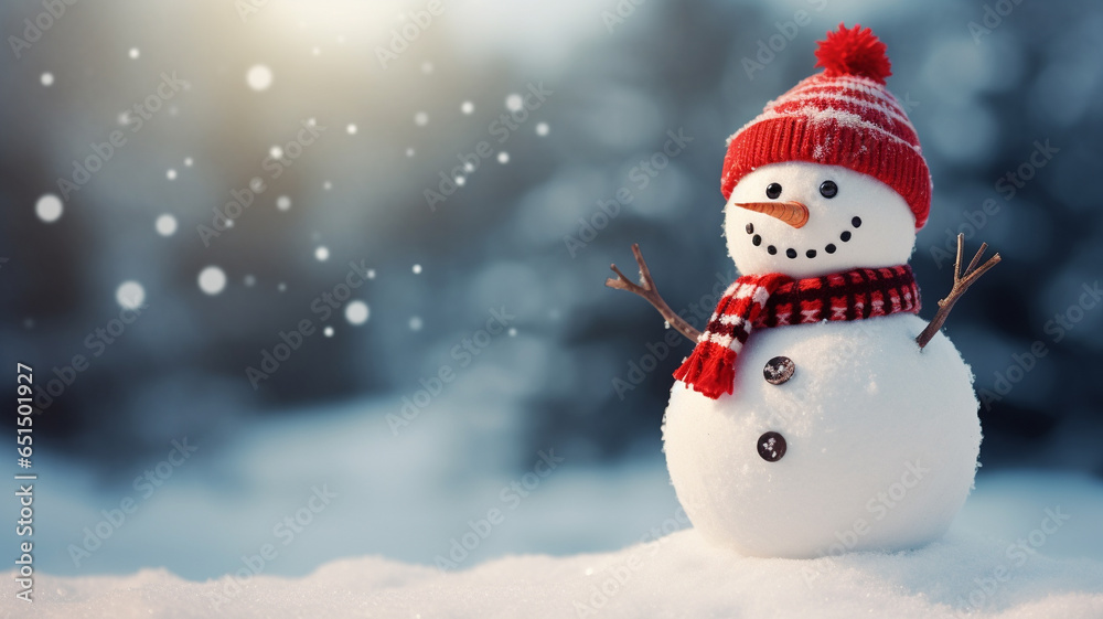 Snowman and white background with copyspace. Christmas background concept.