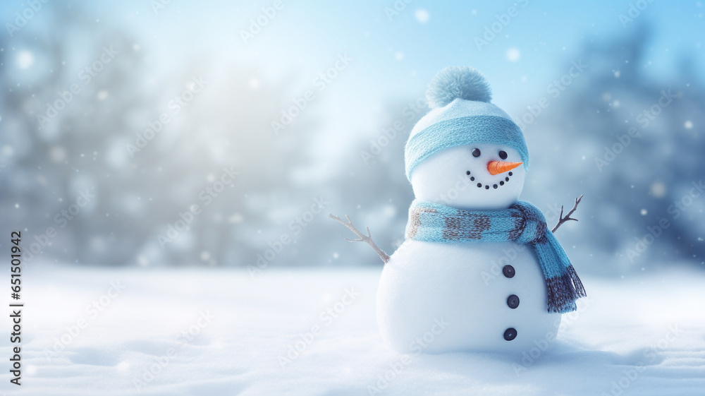 Snowman and white background with copyspace. Christmas background concept.