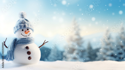 Snowman and white background with copyspace. Christmas background concept.