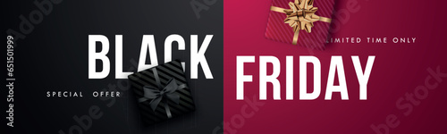 Black Friday Sale background. Realistic gift boxes lie on black and red surface. Banner for advertising and branding. Header for website.