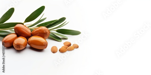 Argan seeds isolated on a white banner background. Argan oil nuts with plant. Cosmetics and natural oils background, Generative AI 