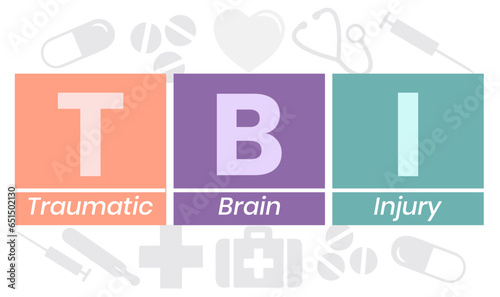 TBI - Traumatic Brain Injury acronym, medical concept background. vector illustration concept with keywords. lettering illustration with icons for web banner, flyer, landing page