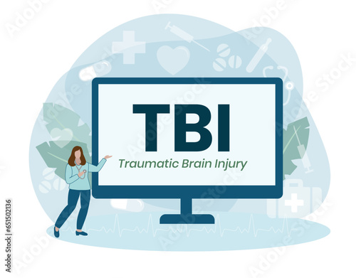 TBI - Traumatic Brain Injury acronym, medical concept background. vector illustration concept with keywords. lettering illustration with icons for web banner, flyer, landing page