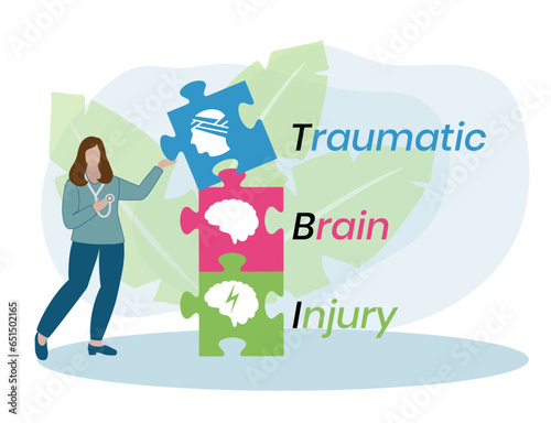 TBI - Traumatic Brain Injury acronym, medical concept background. vector illustration concept with keywords. lettering illustration with icons for web banner, flyer, landing page