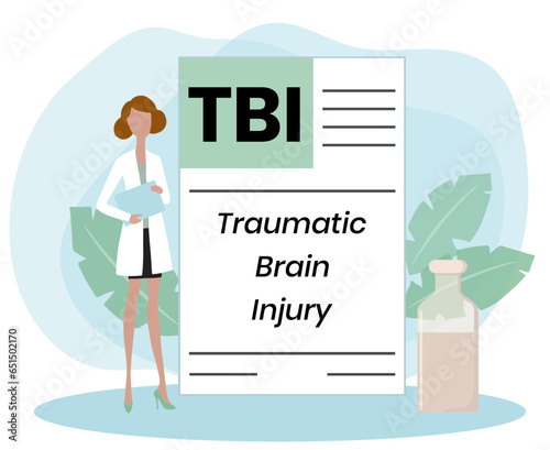 TBI - Traumatic Brain Injury acronym, medical concept background. vector illustration concept with keywords. lettering illustration with icons for web banner, flyer, landing page