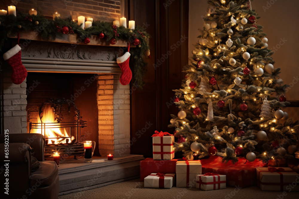 Christmas tree with light and decoration near fireplace in room.