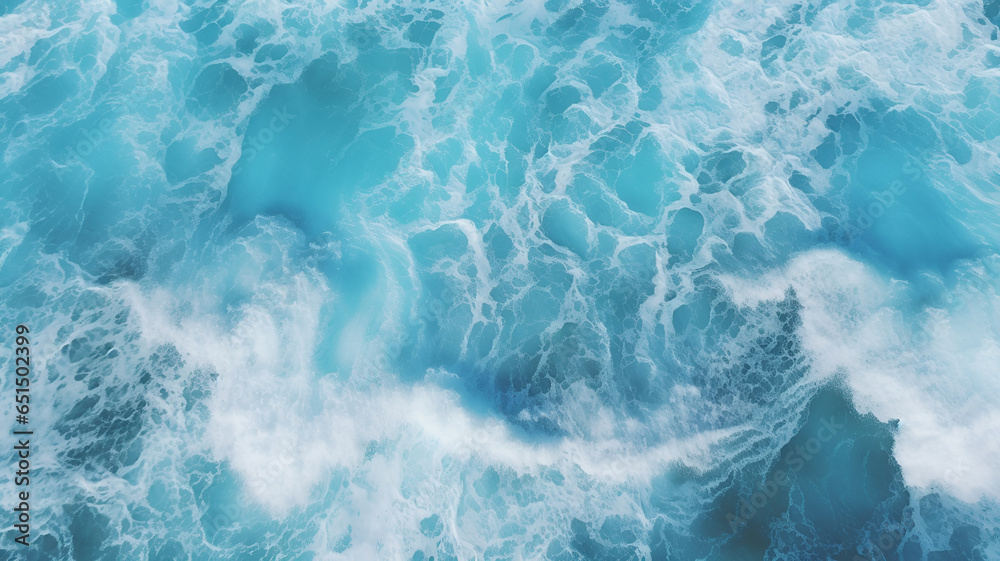 Obraz premium Spectacular aerial top view photo of ocean sea water white wave splashing in the deep sea, captured from a bird's - -eye perspective. The drone photo backdrop of the sea wave highlights its power