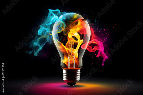 Creative light bulb exploding with colorful paint and splashes on a black background, symbolizing the power of new ideas and thinking differently.