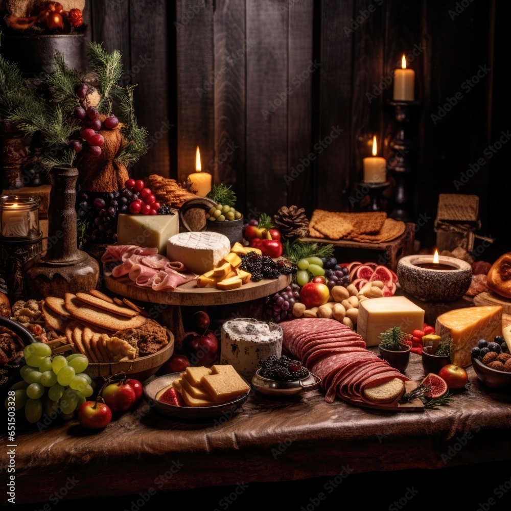 Appetizers table with different antipasti, charcuterie, snacks and wine, AI Generated