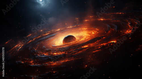 a galaxy with spirallike rings and stars, in the style of light red and dark gold photo