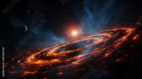 a galaxy with spirallike rings and stars, in the style of light red and dark gold
