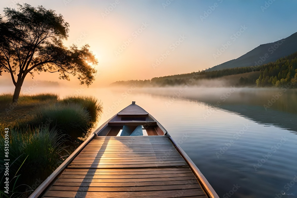 A tranquil lakeside scene at dawn, mist rising from the water's surface