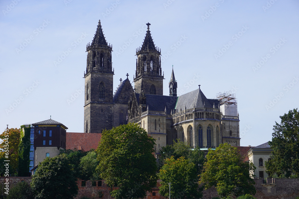 Blick auf den Magdeburger Dom von der Elbe aus

