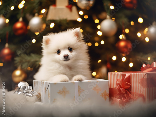 A small white fluffy puppy peeks out of a New Year's gift box and looks at the camera against the backdrop of a Christmas tree and garland lights. We gave a dog for New Year or Christmas.