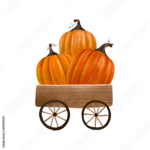 Wooden cart with orange pumpkins. Autumn. Illustration for Halloween. Isolated element photo