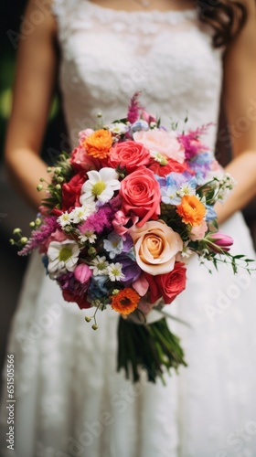 The bride is holding colorful flowers at the wedding. Generative AI
