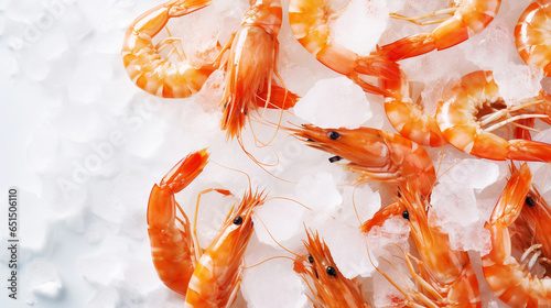 Top view of raw whole shrimps on ice. Seafood background. Generative AI photo