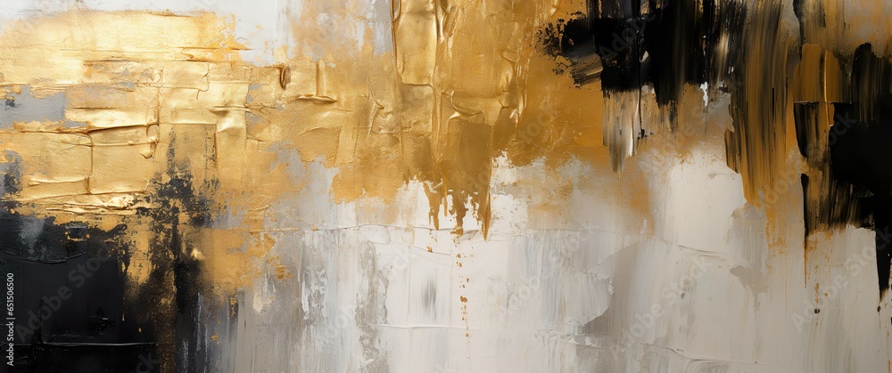 Abstract artistic gold and black painting texture. Closeup of oil acrylic brushstrokes on canvas.