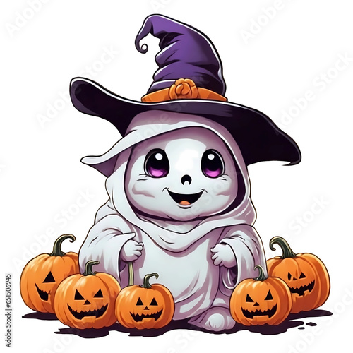 Cute ghost surrounded by pumpkins, Happy Halloween, Generative AI